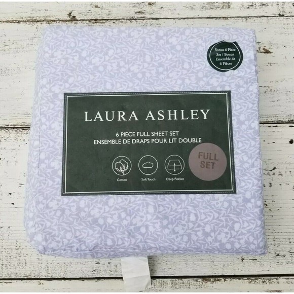 Laura Ashley COTTON 6 pc FULL SHEET SET Gray Floral Shabby Chic